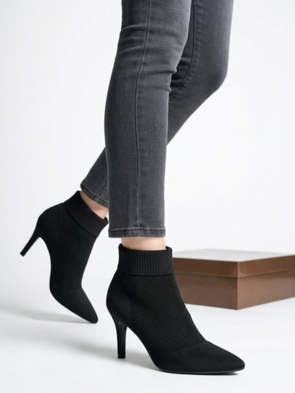 MIA Black Pointed Knit Ankle Booties